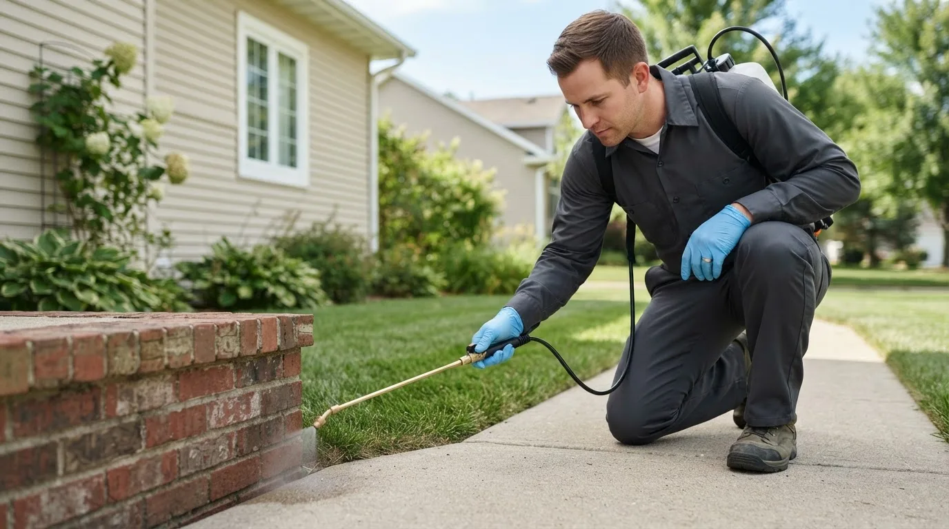 Pest control technician treating a home near Donahue, IA