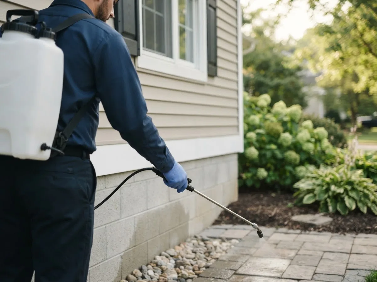 Pest control technician inspecting a home in Donahue, IA